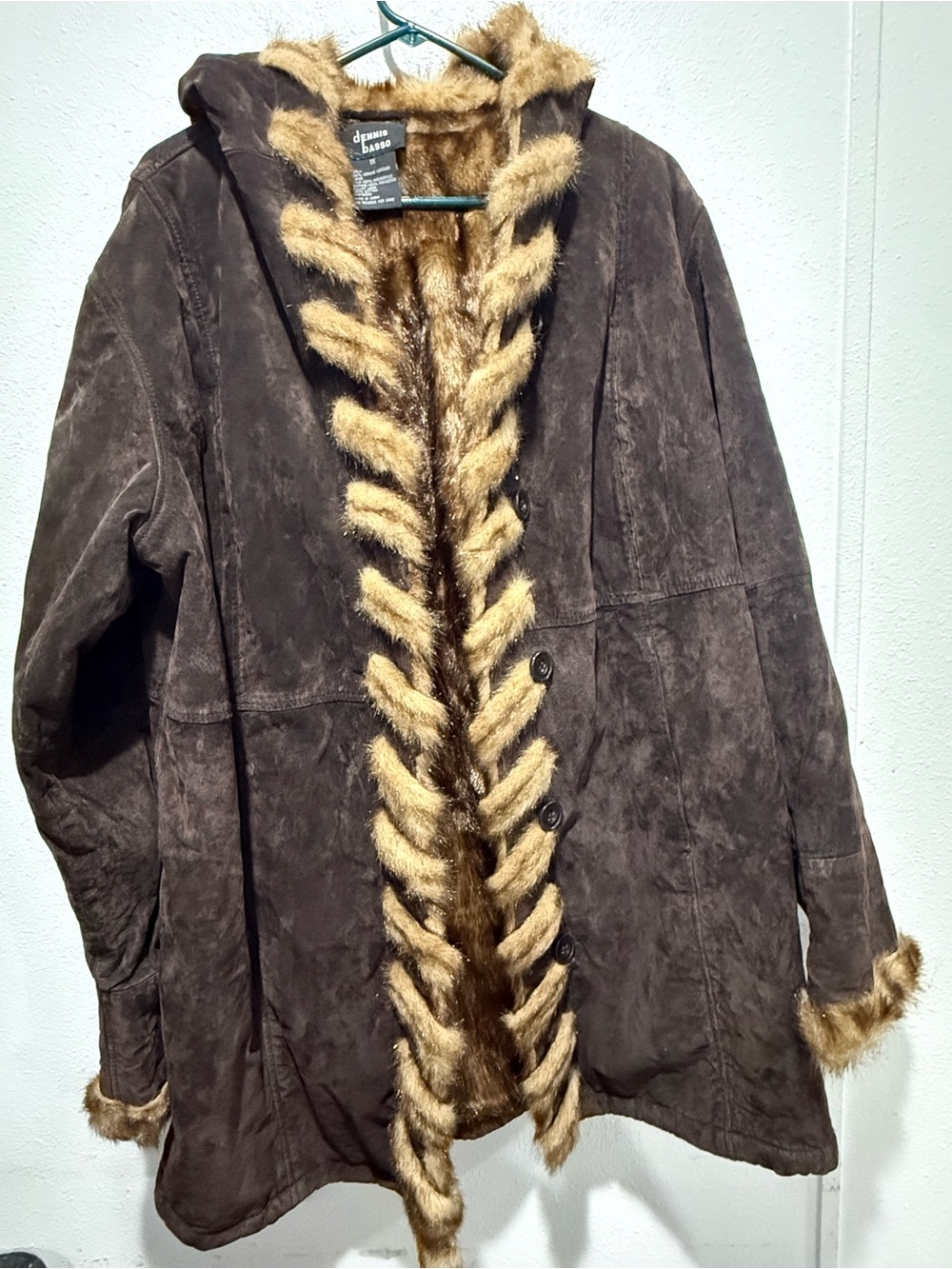 dennis basso Dark Brown Suede Trench Coat with Tan Faux-Fur Trim